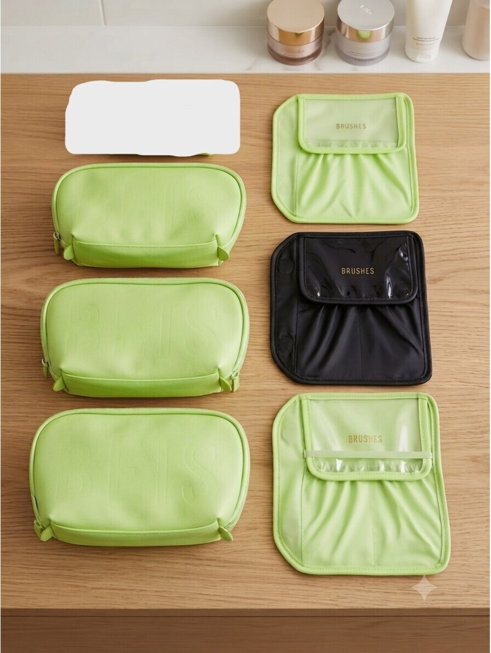 BÉIS Travel Makeup Bag & Brush Pouch Lot Citron Green 6-Piece Bundle